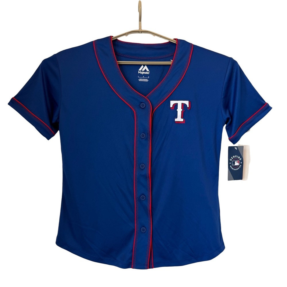 Majestic Texas Rangers MLB Baseball Jersey Blue Red Button Front Women Large NWT